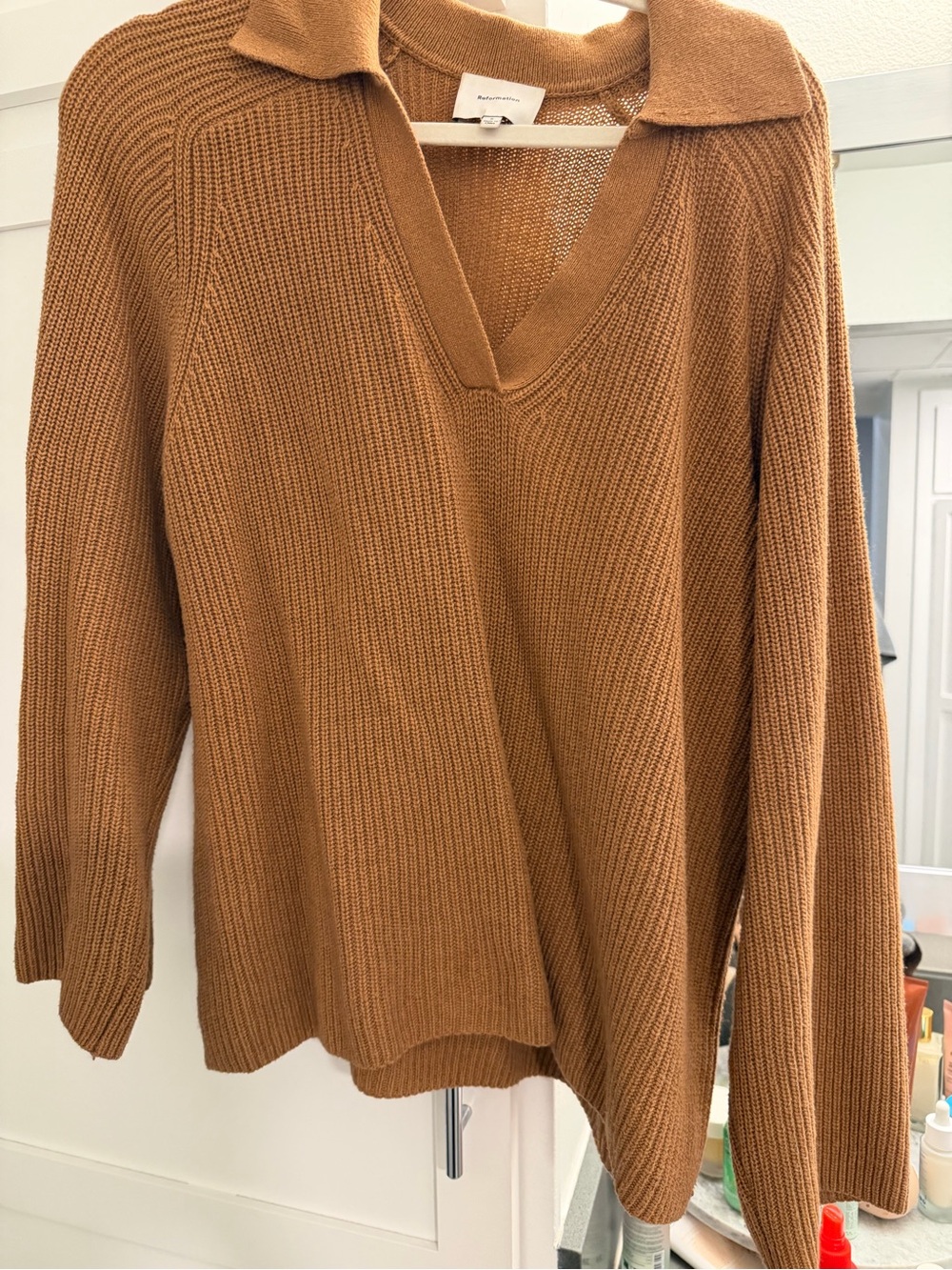 Reformation V-Neck Collared Sweater in Camel Brown
